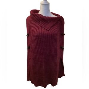 Jones New York Burgundy Ribbed Knit Poncho Toggle Button Turtleneck Cape OS